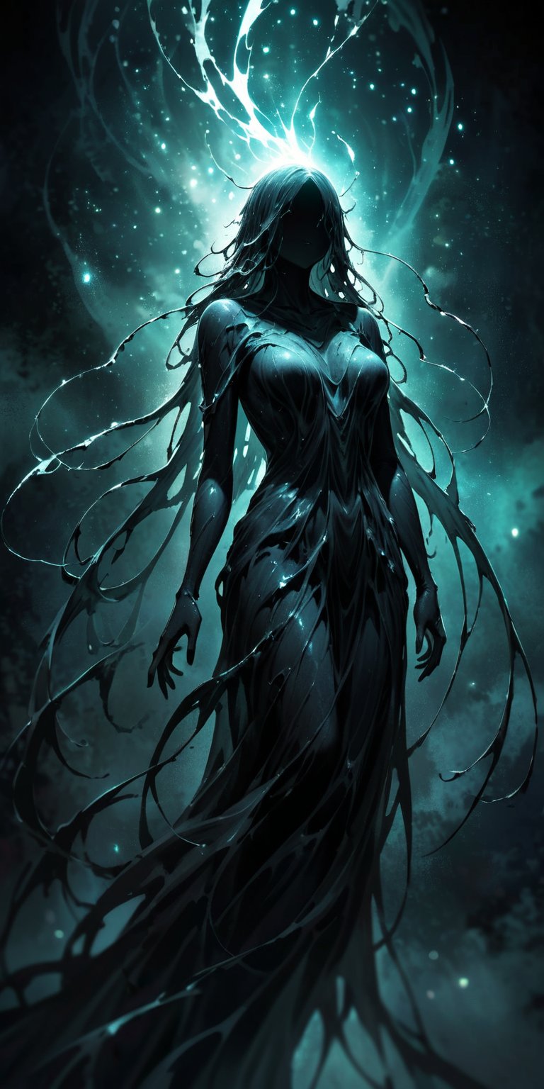 Alien Wraith:A ghostly alien figure with flowing tendrils and a semi-transparent body,  drifting ominously through space....