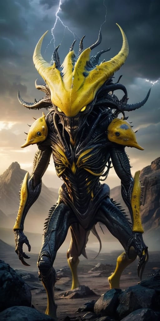On a desolate,  windswept alien landscape,  a monstrous alien hybrid stalks its prey. Its body is covered in thick by Capt...