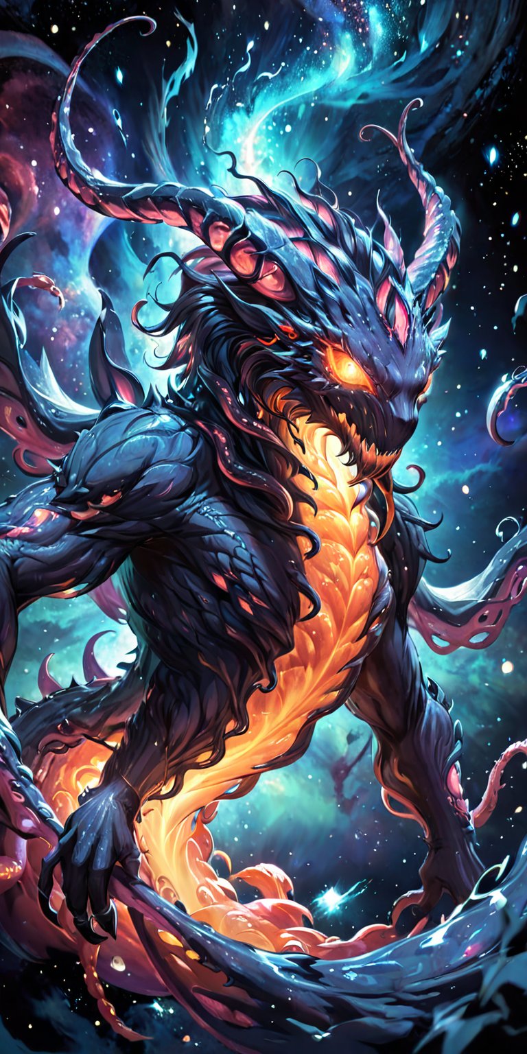 Astral Beast:A fearsome alien beast with tentacles and a bioluminescent glow,  floating in the dark expanse of space. The...