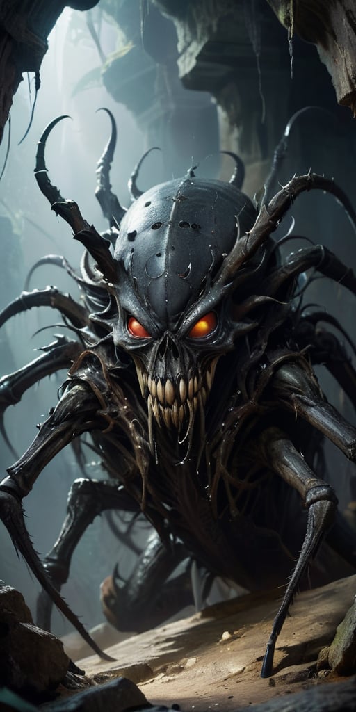 Lurking in the shadows of a crumbling,  ancient temple,  a horrifying alien creature with a spider-like body and a human-l...
