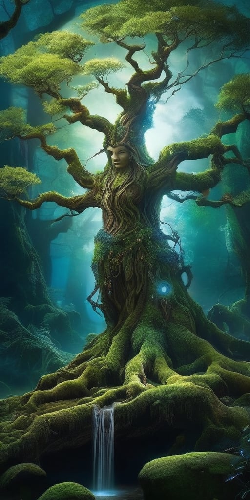 An ancient tree spirit,  its bark adorned with intricate symbols,  stands sentinel over a hidden grove bathed in moonlight...