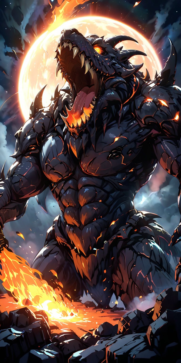 A towering alien beast with molten rock fused into its flesh,  spewing fire from its gaping maw as it wreaks havoc on a sp...