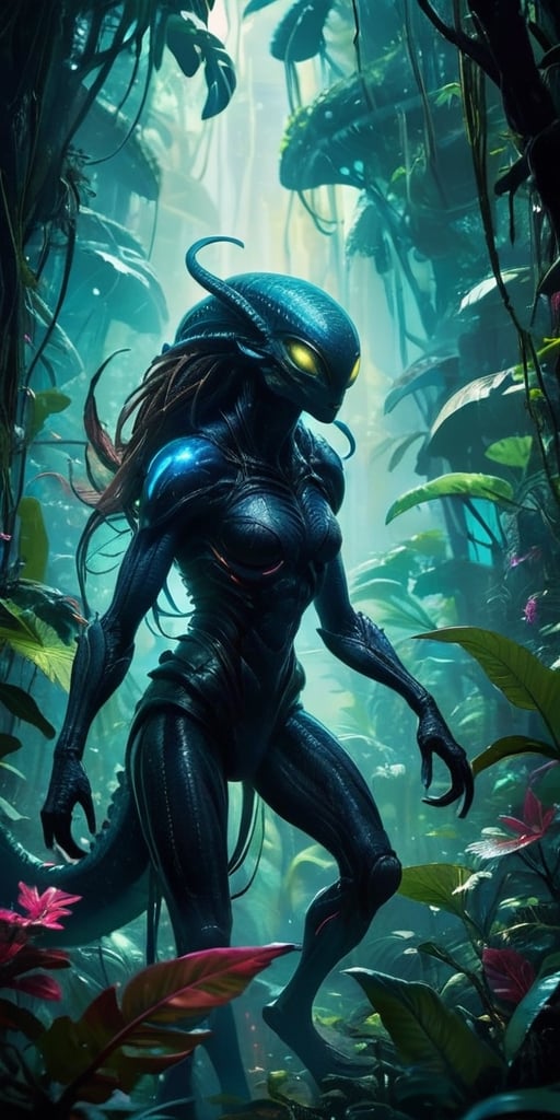 A colossal,  eyeless monstrosity with razor-sharp claws and bioluminescent scales hunts through the dense foliage of a bio...