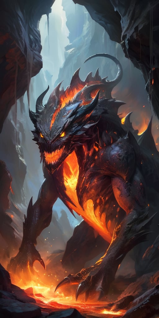 Crawling out of a churning,  magma-filled crater,  a fearsome alien creature with molten by Caption Master on Tensor.Art