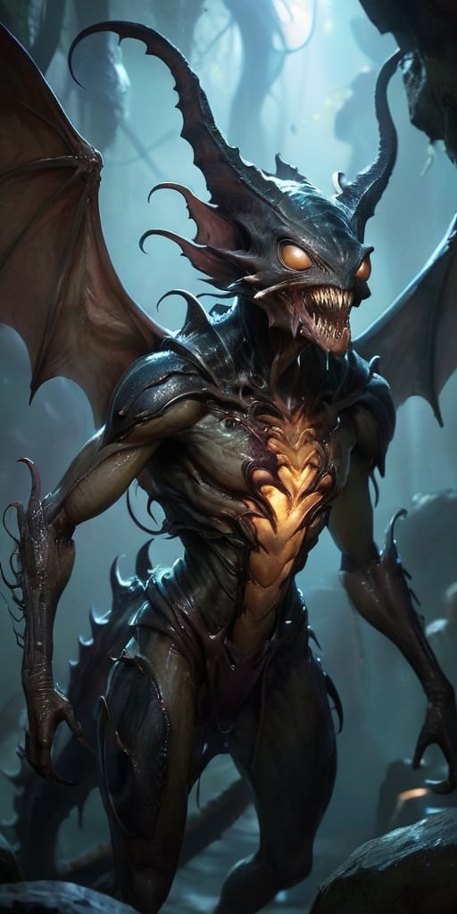 In the depths of a dark,  cavernous alien world,  a monstrous alien hybrid slithers through the shadows. Its body is a gro...