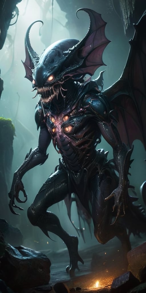 In the depths of a dark,  cavernous alien world,  a monstrous alien hybrid slithers through the shadows. Its body is a gro...