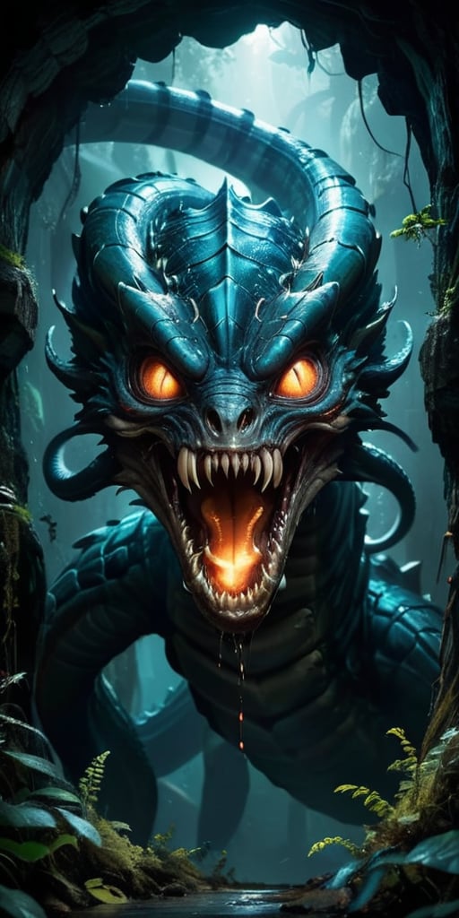 Slithering through the twisting,  narrow tunnels of an underground labyrinth,  a monstrous alien serpent with a chitinous...