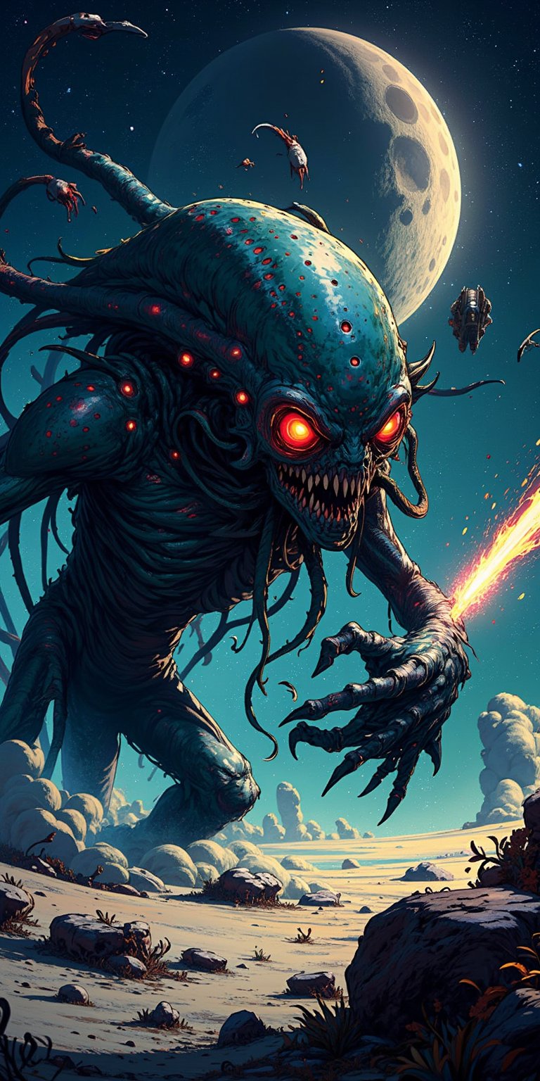 A grotesque alien-monster hybrid lurking on the su rface of a desolate moon,  its slimy tendrils writhing beneath multiple...