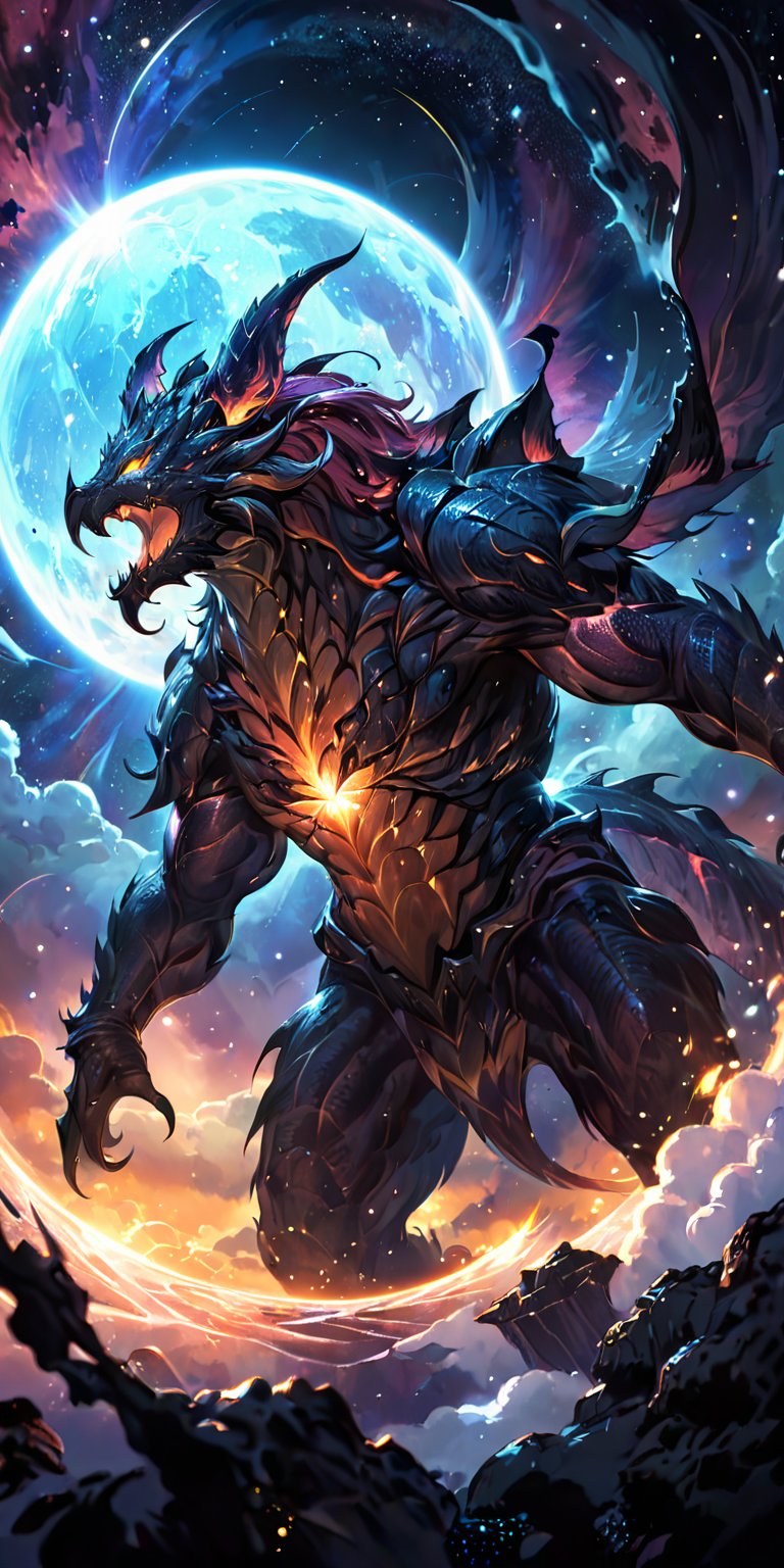 Interstellar Beast:A massive alien beast with scales and horns,  its body partially illuminated by the light of a nearby s...