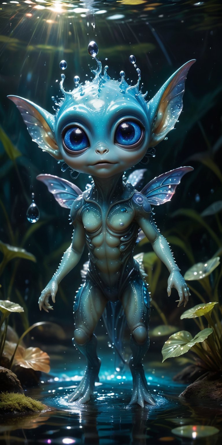 In the crystal-clear waters of an alien pond,  a baby alien with shimmering blue skin and big,  curious eyes splashes glee...