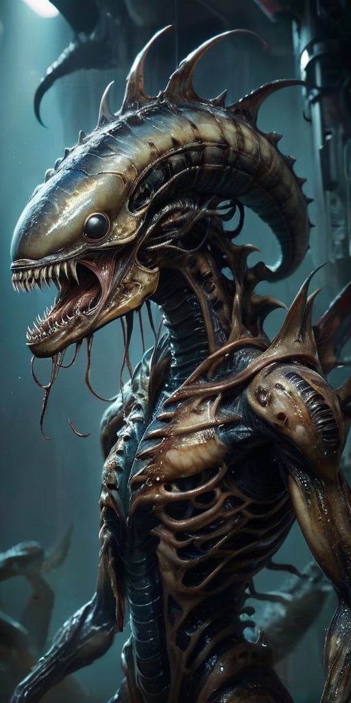 In the vast emptiness of space,  a dreadful hybrid of alien and monster drifts ominously. Its body is grotesquely elongate...