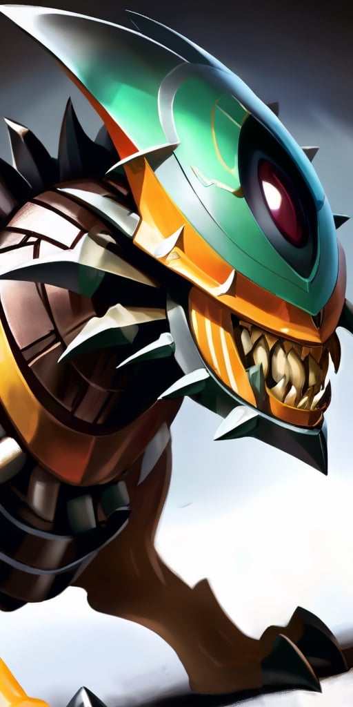 A creature with a body covered in sharp,  metallic plates that clank and clang as it moves. It has a large,  gaping maw fi...