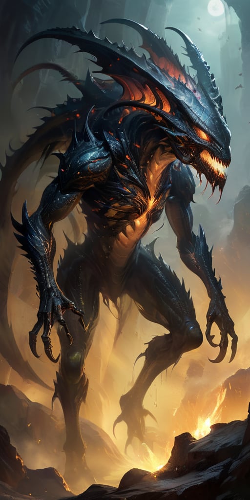 Emerging from a shadowy rift in the earth,  a colossal alien beast with a grotesque,  segmented body covered in hardened b...