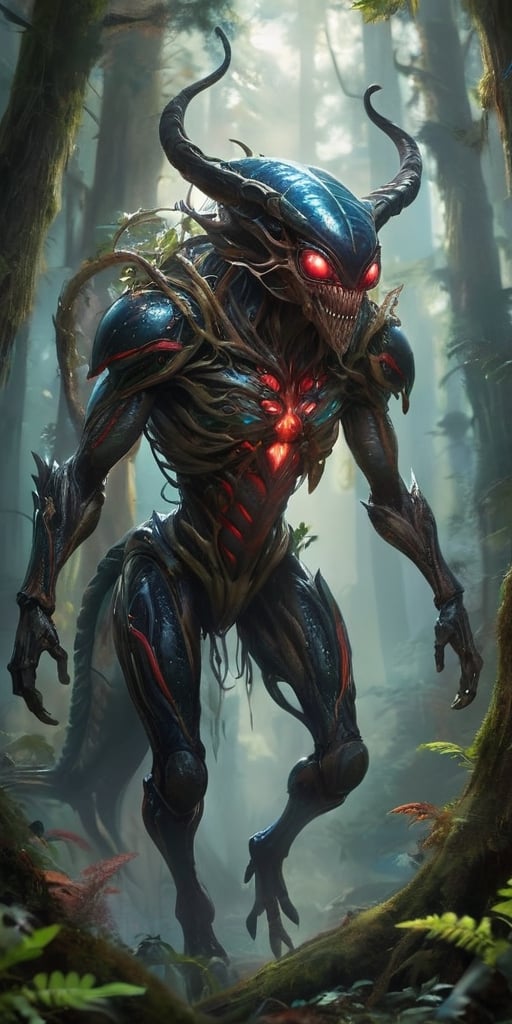 In the heart of a dense,  alien forest,  a monstrous alien hybrid stalks through the undergrowth. Its body is covered in t...