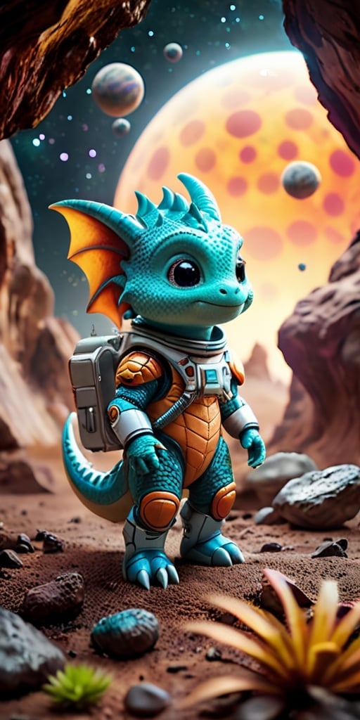 Space Adventure A baby dragon wearing a tiny spacesuit explores the surface of a mysterious planet. Behind it, a spaceship hovers, ready to take off. The dragon's curiosity is evident as it examines strange, glowing rocks and alien plants.