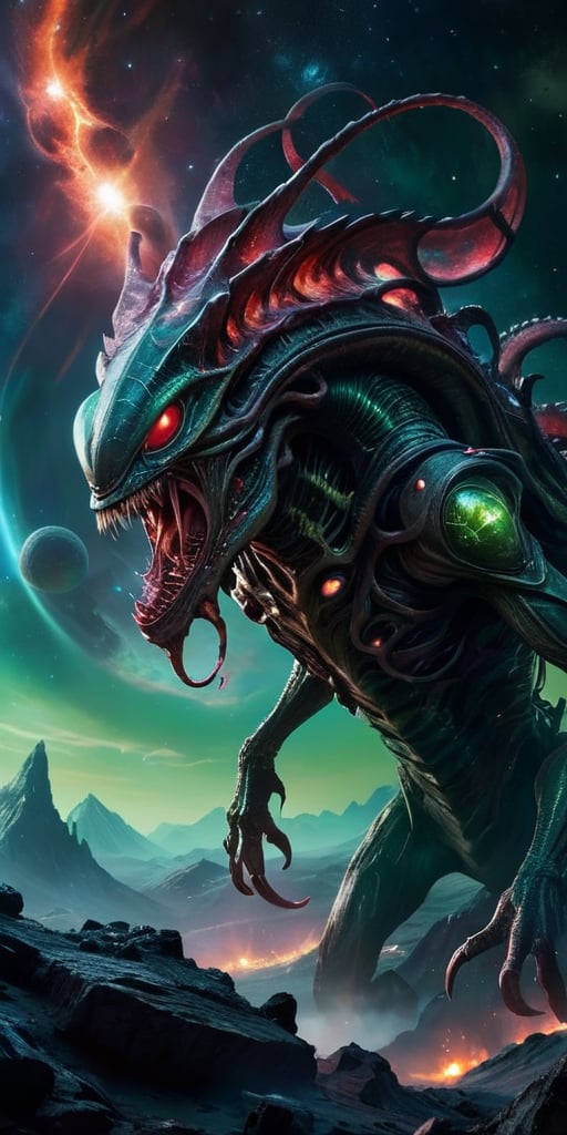 Create an image of a dangerous alien monster in space,  towering over a desolate alien landscape with dark,  armored scale...