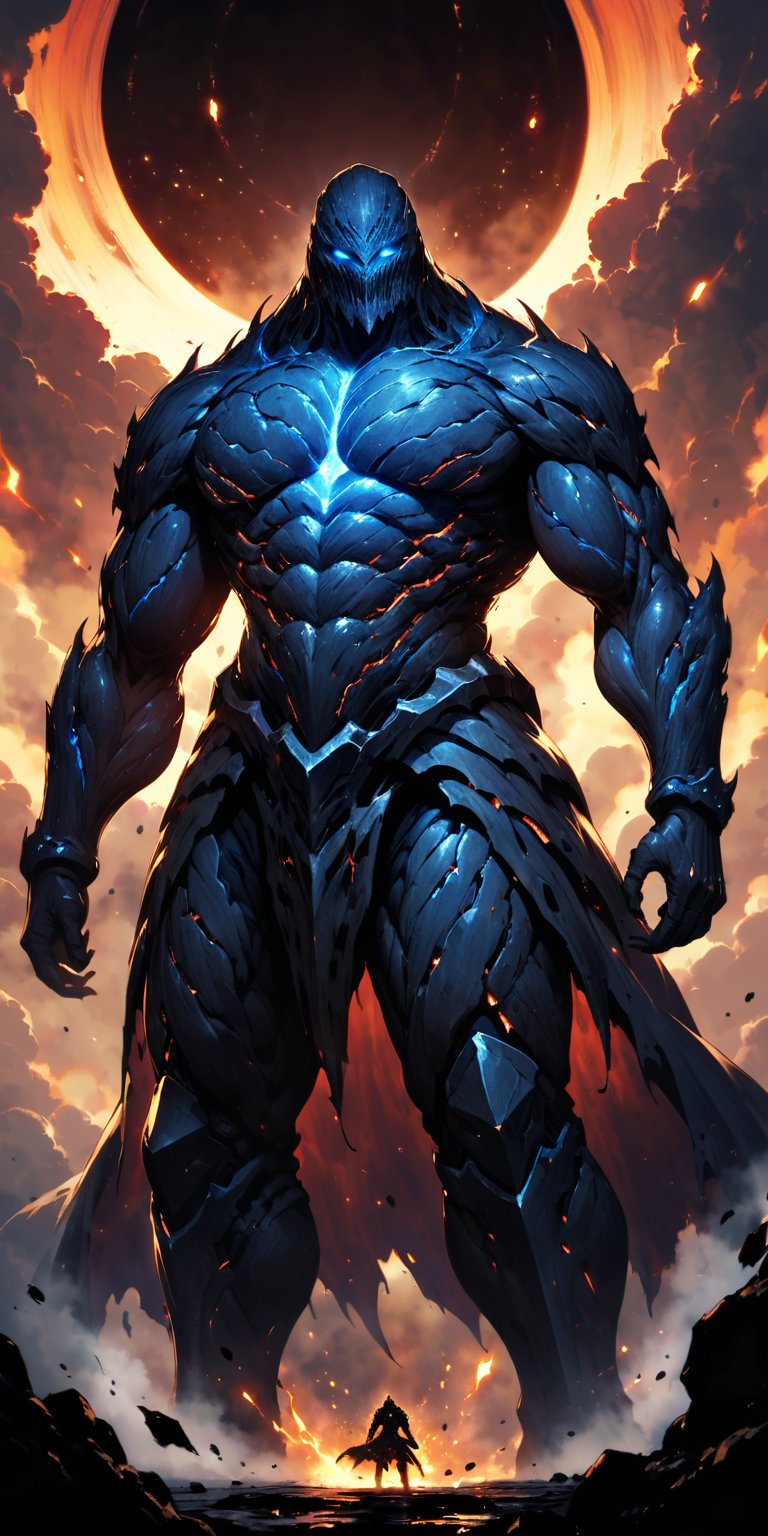 Void Titan:A gigantic alien titan with armored skin and glowing blue veins,  standing against a backdrop of swirling cosmi...
