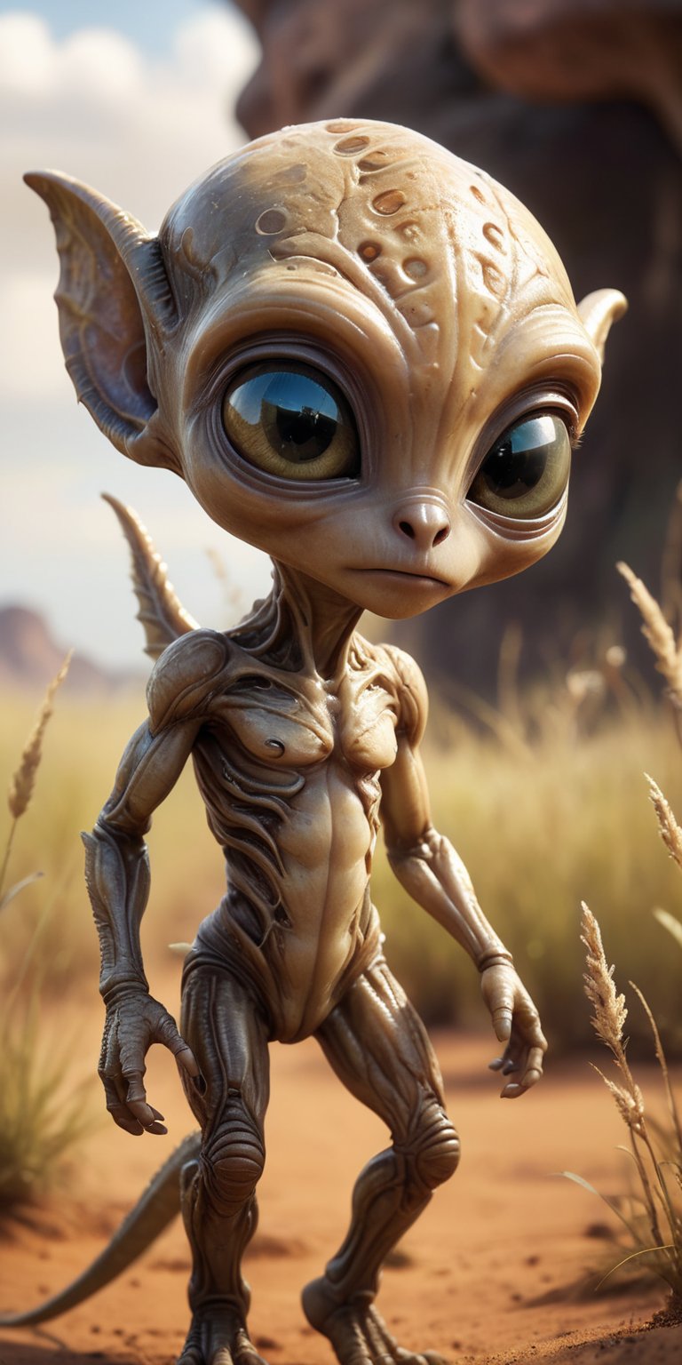 Amid the tall,  swaying grasses of an alien savanna,  a baby alien with mottled by Caption Master on Tensor.Art