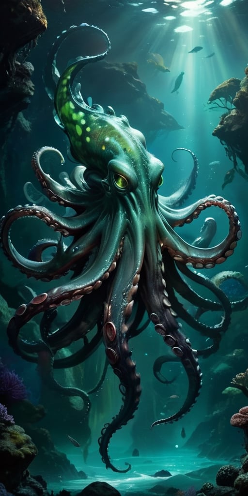 Abyssal Monstrosity A creature with the body of an octopus and the head of a predatory dinosaur,  with tentacles that end...