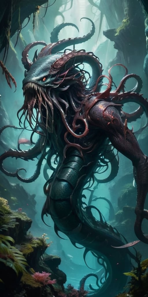 The Abyssal Devourer In the depths of a forgotten abyss,  a monstrous entity lurks. It possesses a serpentine body that un...