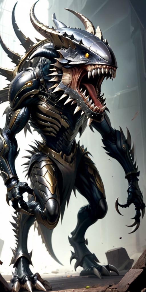 A creature with a body covered in sharp,  metallic plates that clank and clang as it moves. It has a large,  gaping maw fi...