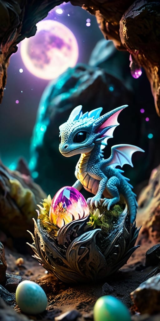 Hatchling in an Alien Nest On a barren moon's surface, a baby dragon emerges from an egg nestled in an alien nest made of glowing crystals and extraterrestrial flora. The dragon's scales reflect the light of the nearby gas giant, creating a mesmerizing display.