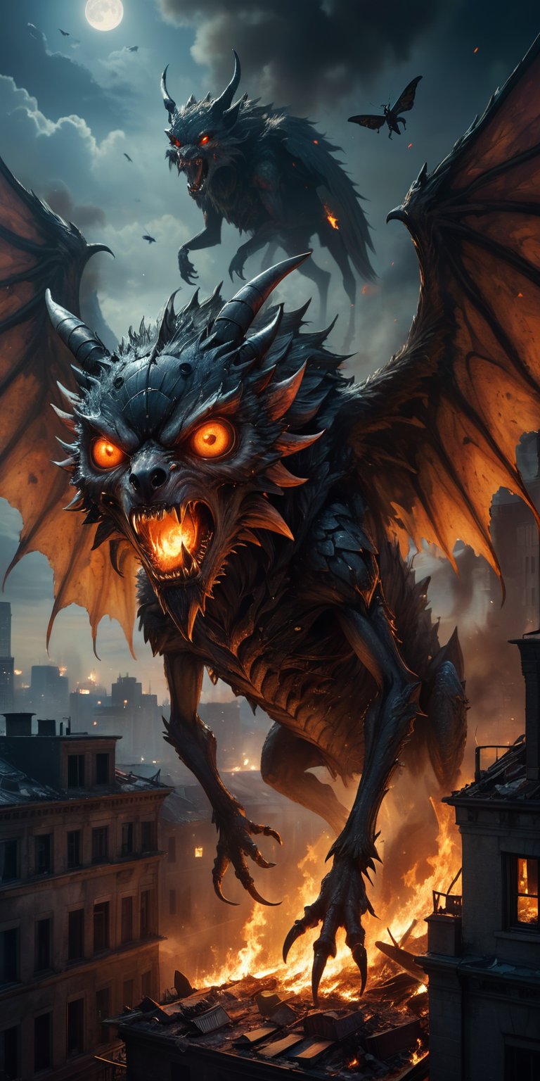 A grotesque winged creature with the head of a wolf and the body of a giant insect lands atop a burning building,  its glo...
