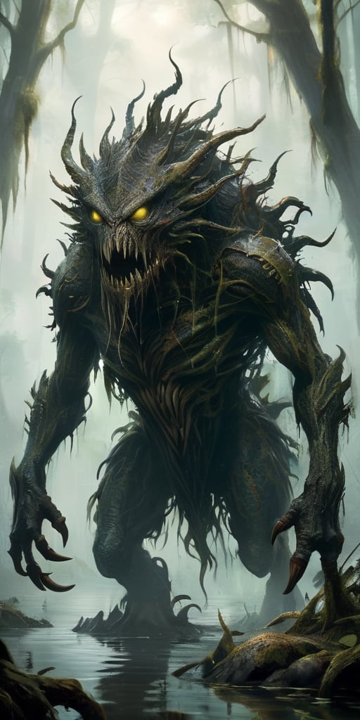 Vicious Swamp Beast A monstrous creature emerging from the murky depths of a swamp. Its body is covered in dark,  slimy sc...