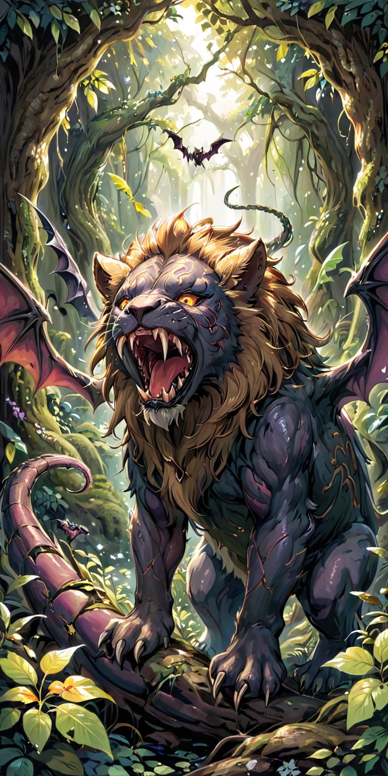 A horrifying alien chimera with the head of a lion,  the body of a serpent,  and the wings of a bat by Caption Master on T...