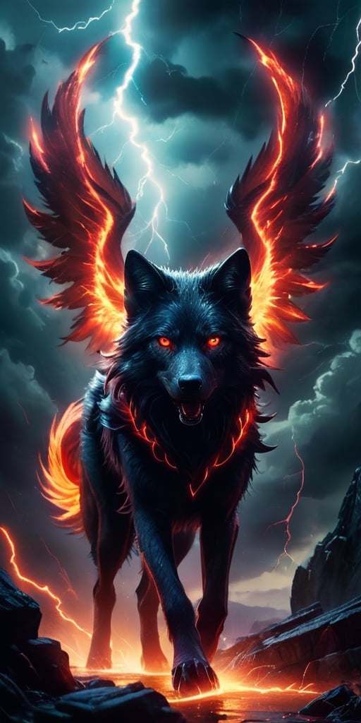 A pack of winged wolf-like creatures with glowing red eyes soar through a raging electrical storm. Their fur crackles with...