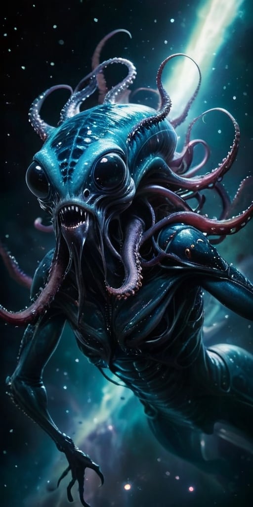 A terrifying,  alien-monster hybrid floats menacingly in the cold void of space,  its body a horrifying blend of cephalopo...