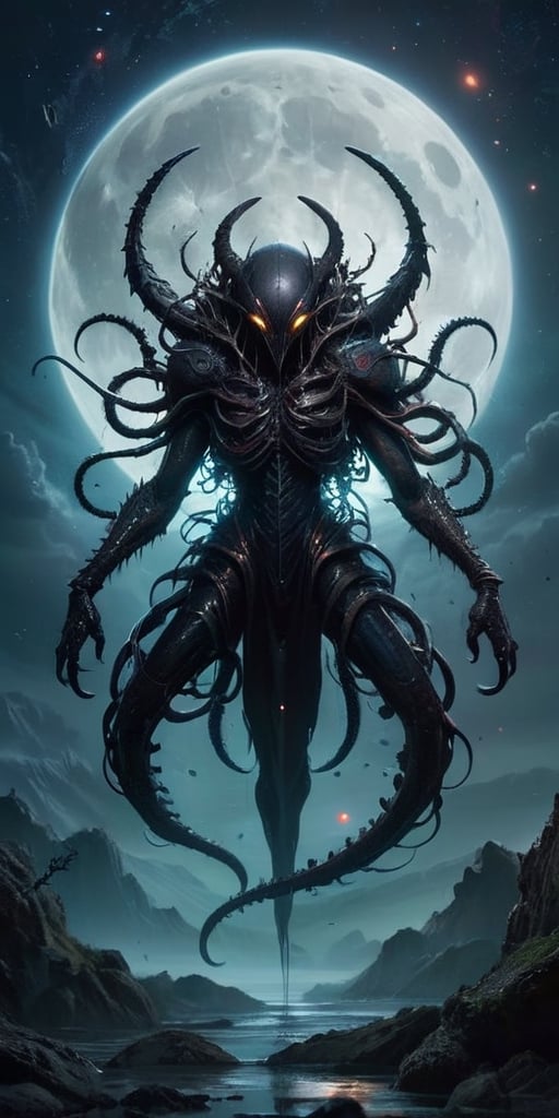 In the silent void of space,  a creature born of nightmares floats menacingly. Its form is a horrifying combination of ali...