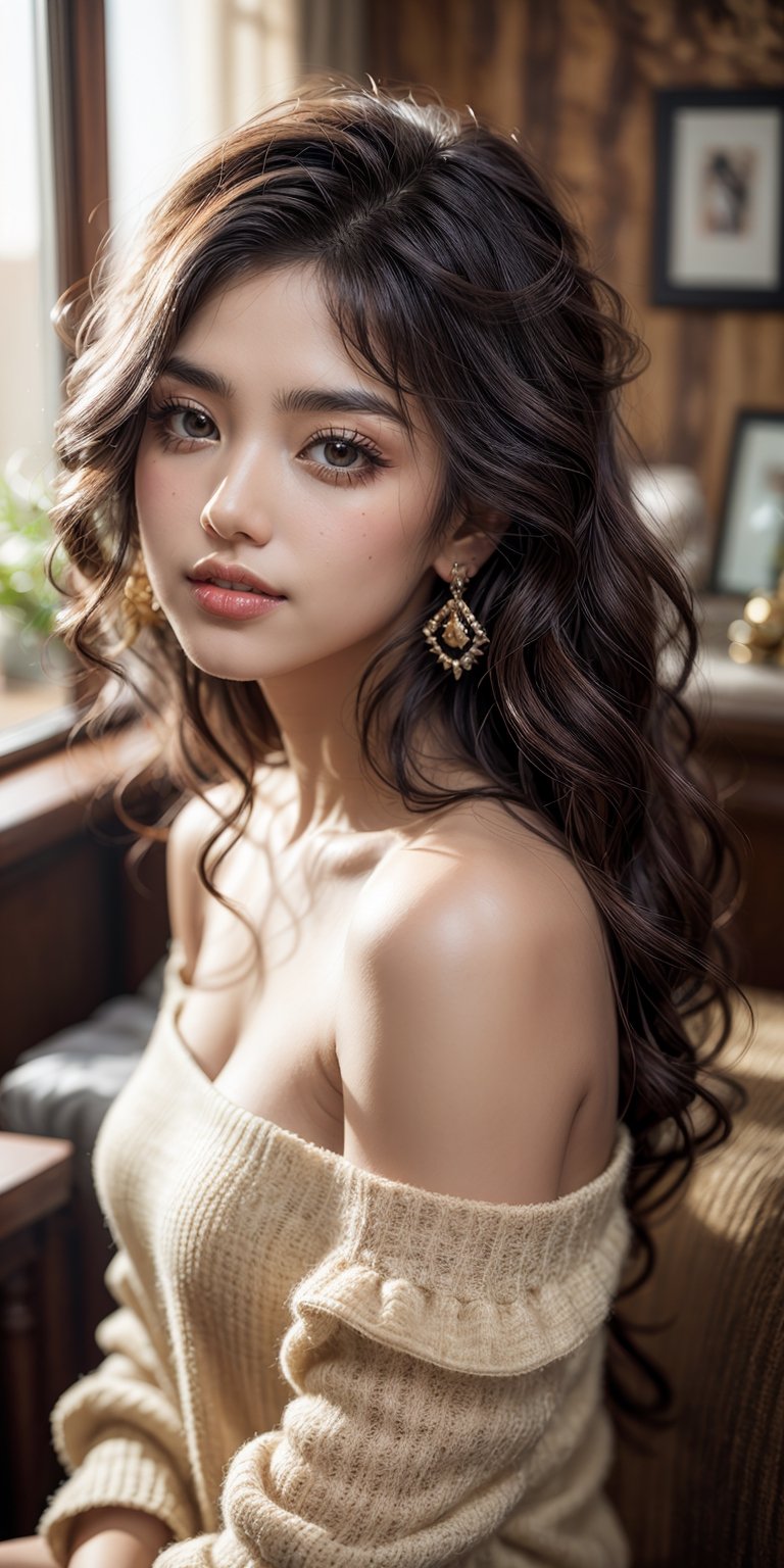 A close-up portrait of a beautiful woman with warm, caramel-toned skin and shoulder-length, curly hair. Her dark brown eyes are expressive and full of life, framed by thick lashes and natural brows. She has a small, cute nose and her lips are a soft nude shade, forming a subtle smile. She is wearing a simple, off-the-shoulder top, and the background is softly blurred with warm, earthy tones, creating a cozy, intimate feel.
