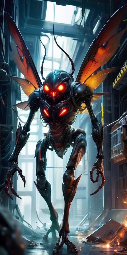 A swarm of insectoid creatures with chitinous exoskeletons and glowing red eyes buzz ominously around a derelict space sta...