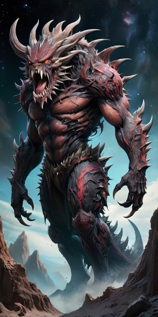 A massive,  multi-eyed behemoth with razor-sharp spines covering its body,  floating menacingly in the vastness of space b...