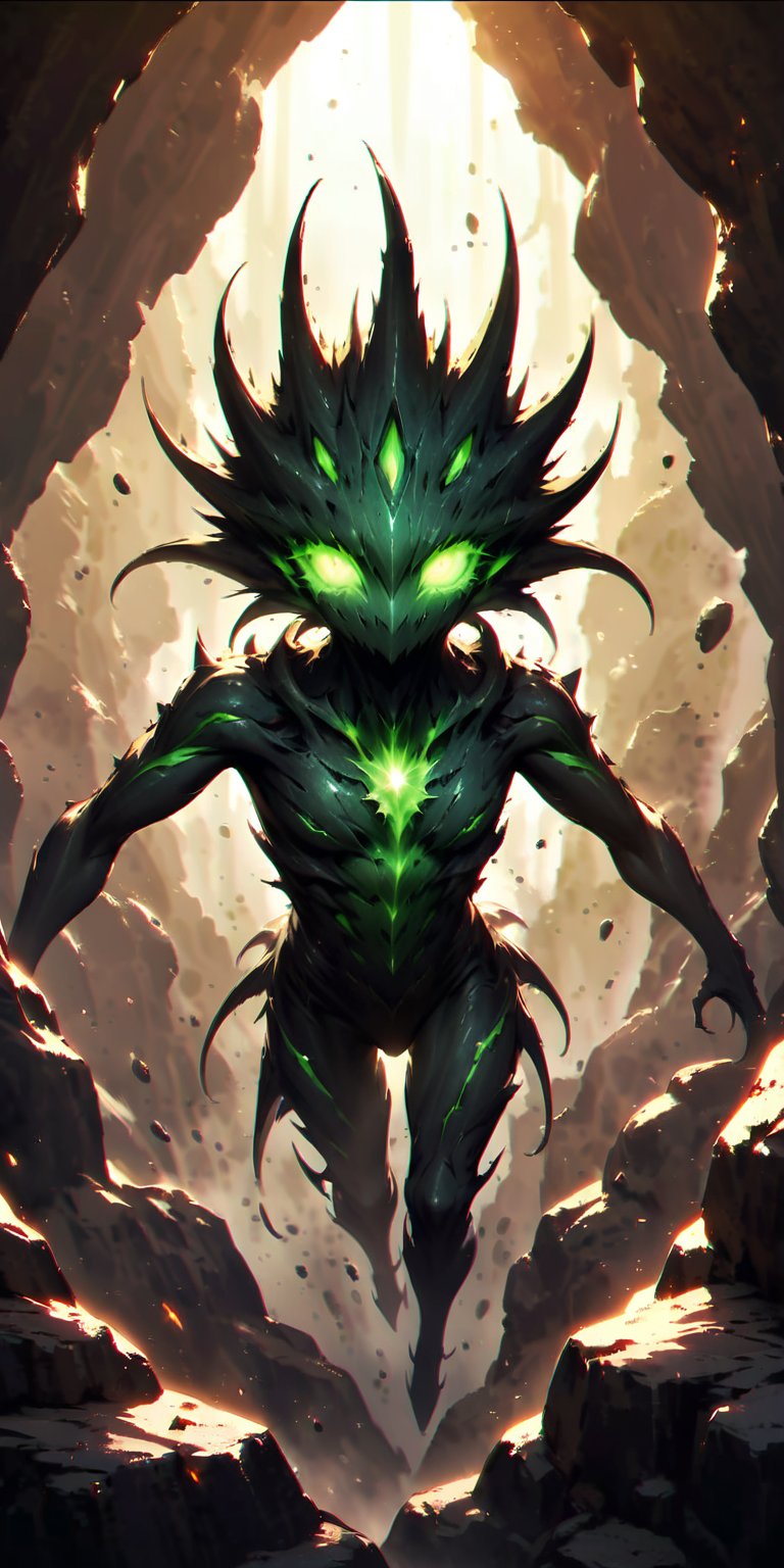 Galactic Terror A sinister alien creature with glowing green eyes, elongated limbs, and a body covered in spiky protrusions. It lurks within a dense asteroid field, waiting to ambush unsuspecting space travellers.
