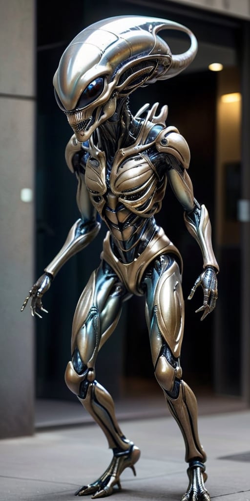 A humanoid alien with metallic skin that constantly shifts and changes colors,  camouflaging it in its surroundings. Its l...