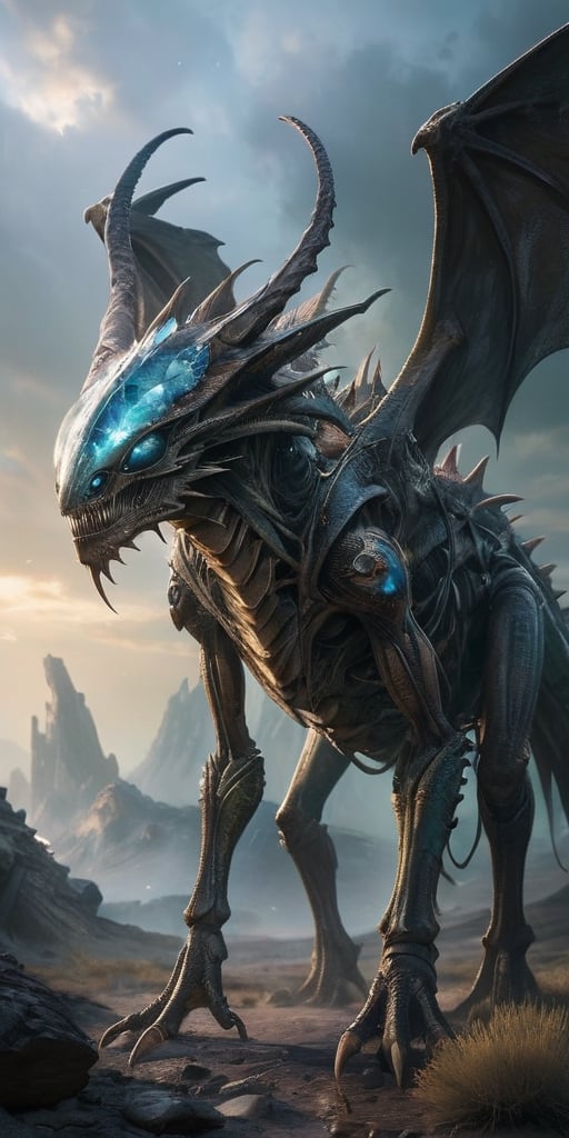 On a barren,  rocky alien planet,  a nightmarish hybrid creature prowls through a field of jagged by Caption Master on Ten...