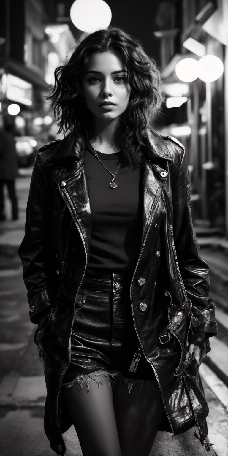 A black and white photo of a woman with short,  choppy hair and a nose ring,  bathed in the harsh light of a city street a...