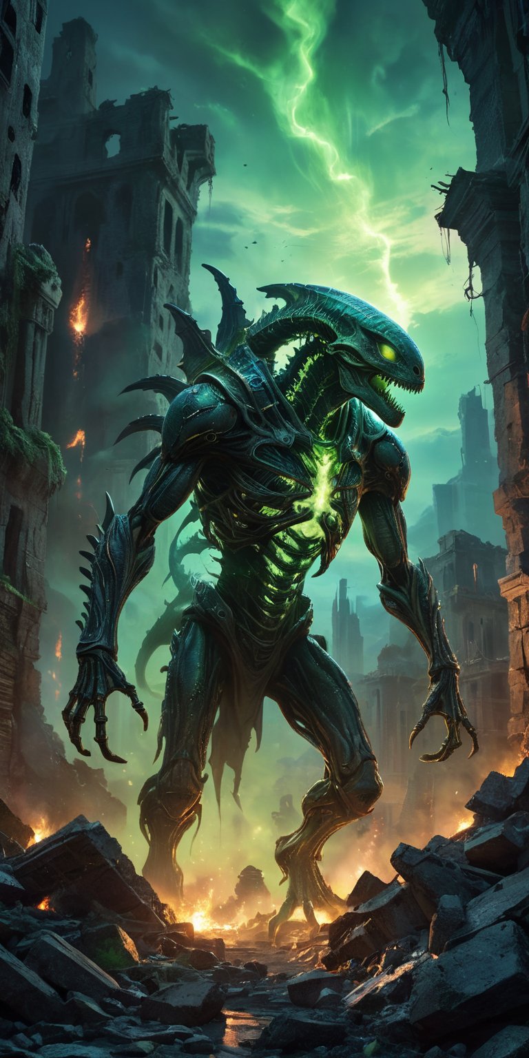 A towering alien with skeletal arms descends upon a ruined city,  its path illuminated by an unnatural green glow. A monst...