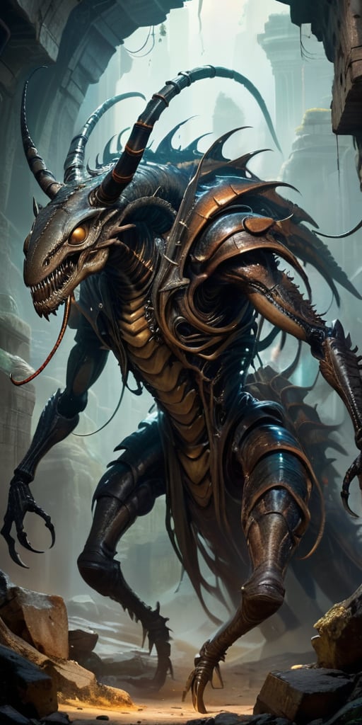 Roaming the ruins of an ancient,  alien city,  a monstrous creature with a centipede-like body and humanoid torso moves wi...
