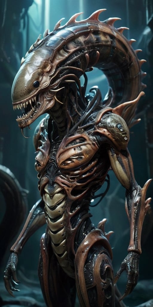 In the vast emptiness of space,  a dreadful hybrid of alien and monster drifts ominously. Its body is grotesquely elongate...