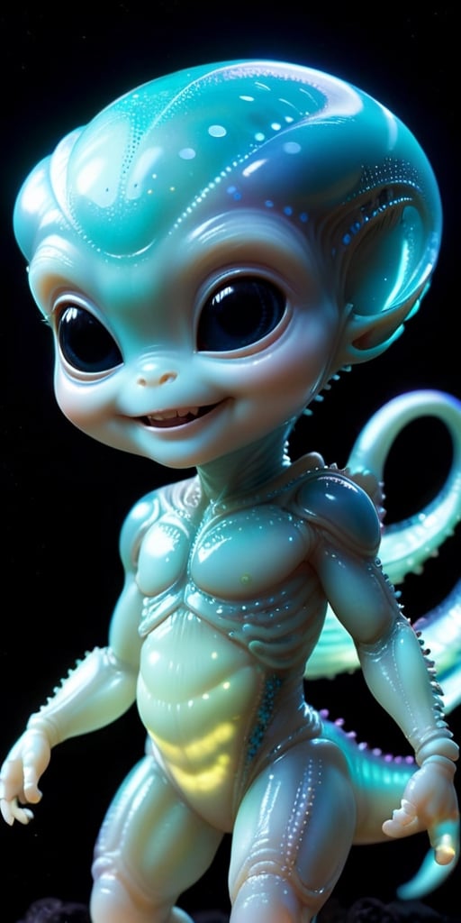 An alien infant with skin that is covered in tiny,  bioluminescent spots that glow softly in the dark. It has a round,  ch...
