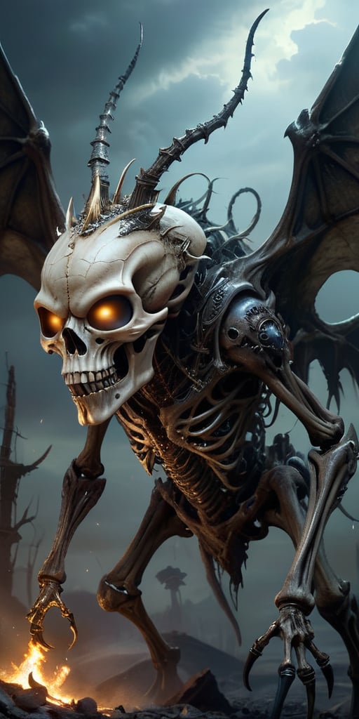 Roaming the barren,  ash-covered wasteland of a post-apocalyptic world,  a towering alien abomination with skeletal wings...