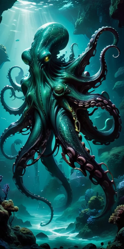 Abyssal Monstrosity A creature with the body of an octopus and the head of a predatory dinosaur,  with tentacles that end...