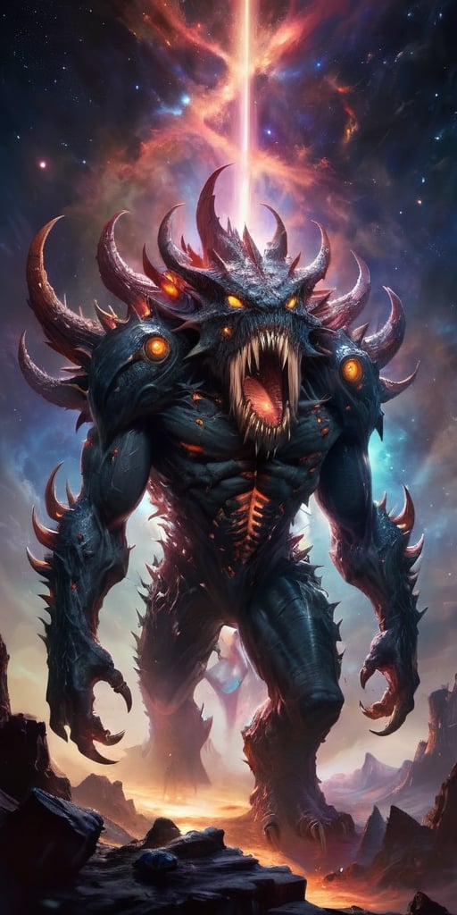 A massive,  multi-eyed behemoth with razor-sharp spines covering its body,  floating menacingly in the vastness of space b...