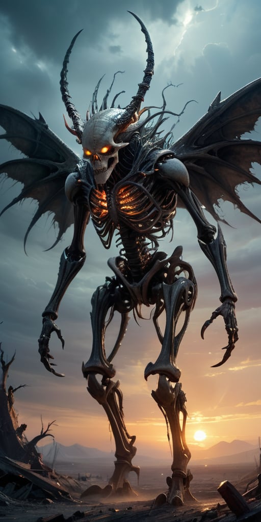 Roaming the barren,  ash-covered wasteland of a post-apocalyptic world,  a towering alien abomination with skeletal wings...