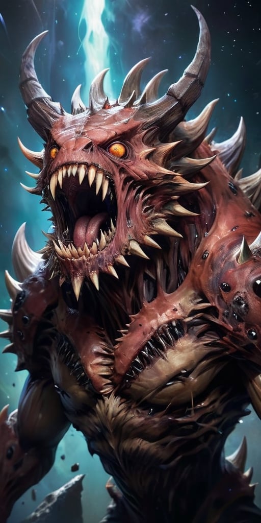 A massive,  multi-eyed behemoth with razor-sharp spines covering its body,  floating menacingly in the vastness of space b...