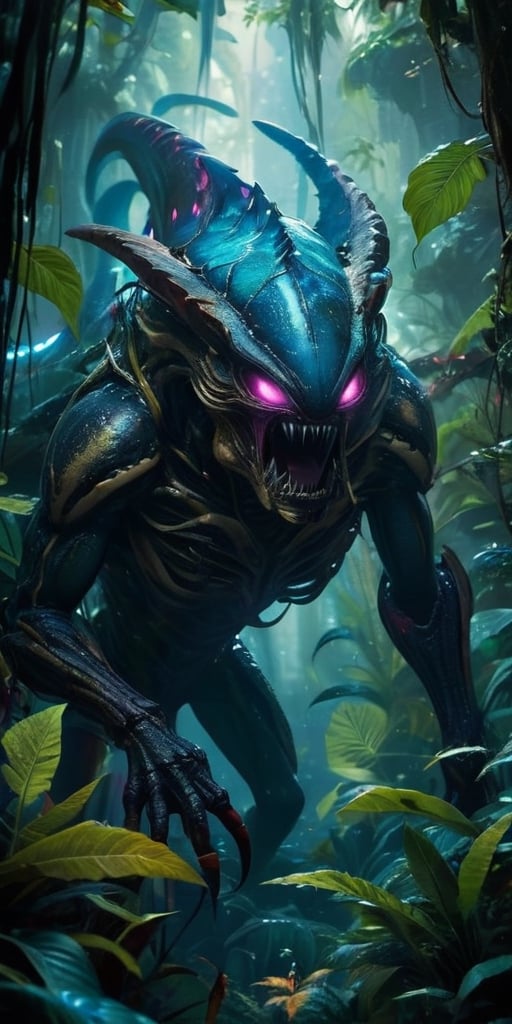 A colossal,  eyeless monstrosity with razor-sharp claws and bioluminescent scales hunts through the dense foliage of a bio...