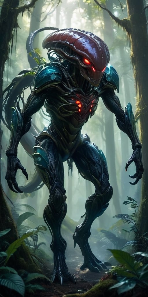 In the heart of a dense,  alien forest,  a monstrous alien hybrid stalks through the undergrowth. Its body is covered in t...